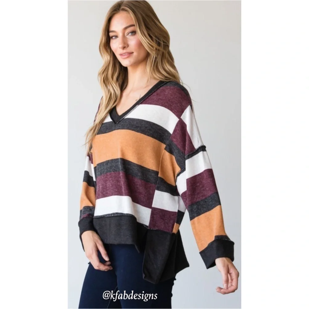 LAST 2! V Neck Large Striped Soft Top In a Relaxed Style and Rich Colors! - Picture 3 of 7